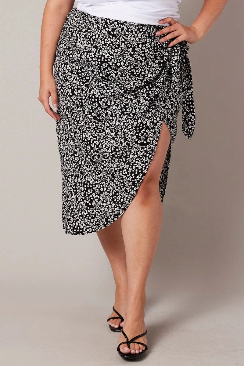 Twist Front Black Ditsy Frill Wrap Midi Skirt