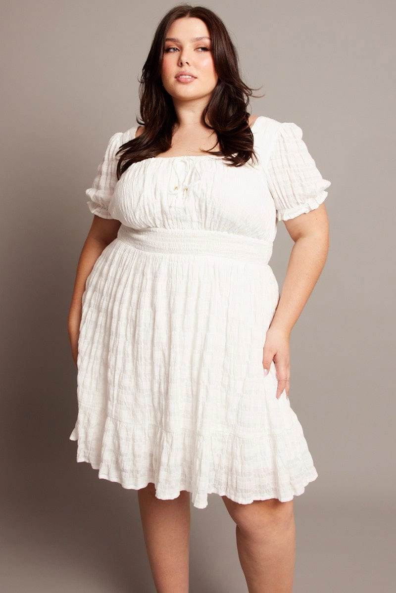 Sophisticated Cut Blush Shade White Textured Check Cotton Blend Shirred Waist Mini Dress