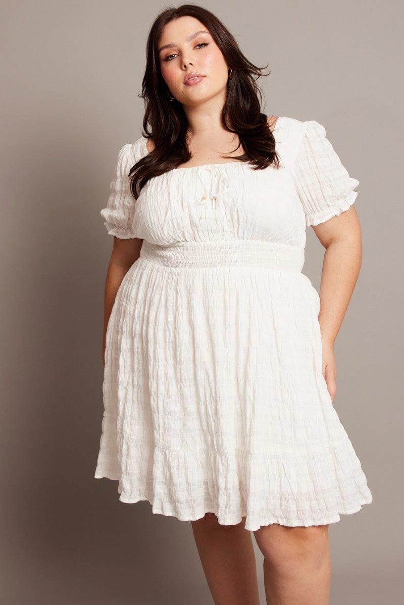 Street Ready White Textured Check Cotton Blend Shirred Waist Mini Dress