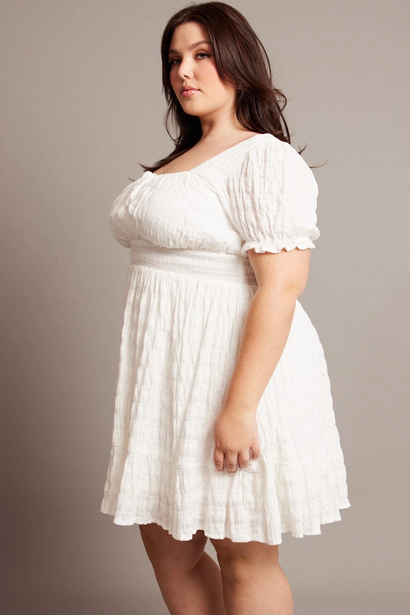 White Textured Check Cotton Blend Shirred Waist Mini Dress Sleek Silhouette