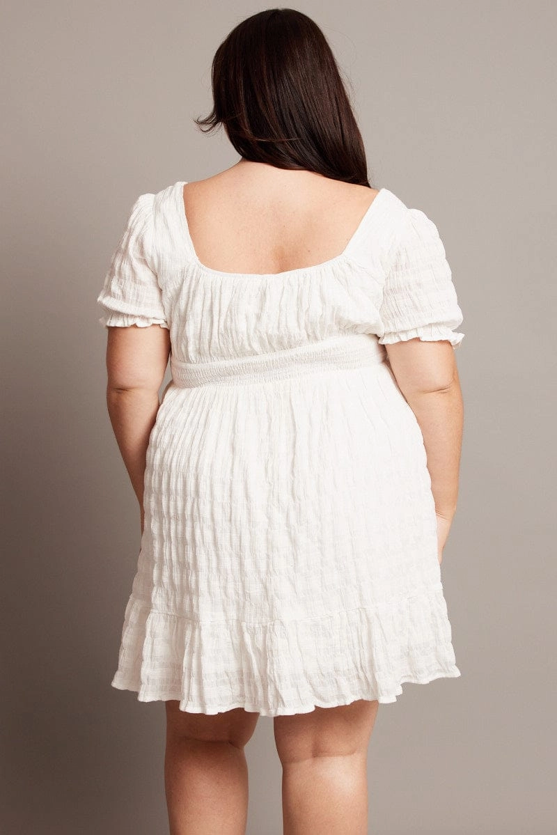 White Textured Check Cotton Blend Shirred Waist Mini Dress Elegant evening wear Satin Layers