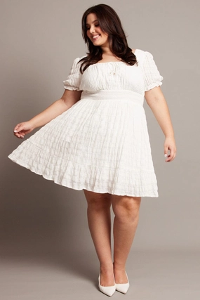 Feminine fit-and-flare silhouette White Textured Check Cotton Blend Shirred Waist Mini Dress
