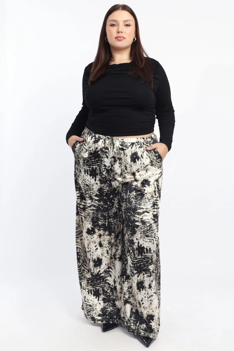 Black Animal Print Drawstring Waist Wide Leg Zebra Pants Day Wear