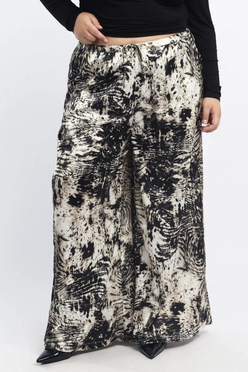 Black Animal Print Drawstring Waist Wide Leg Zebra Pants Easy Fit Design