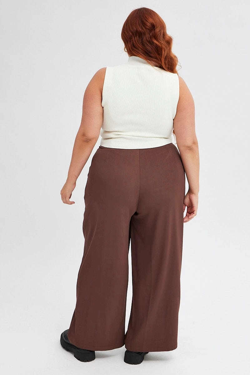 Brown Wide Leg Pants High Rise Soft Touch Material