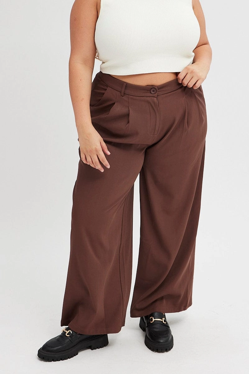 Modern Cut Brown Wide Leg Pants High Rise