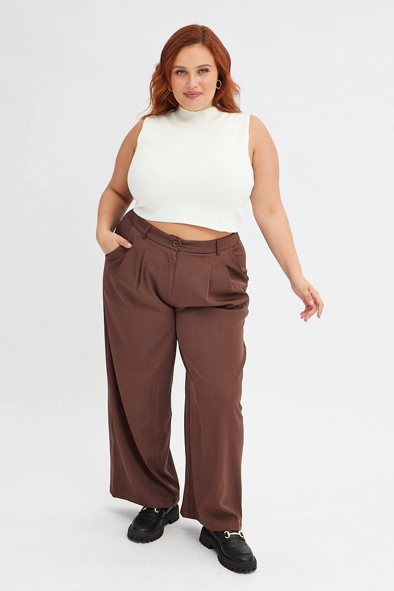 Lined interior AntibacterialCoating Brown Wide Leg Pants High Rise