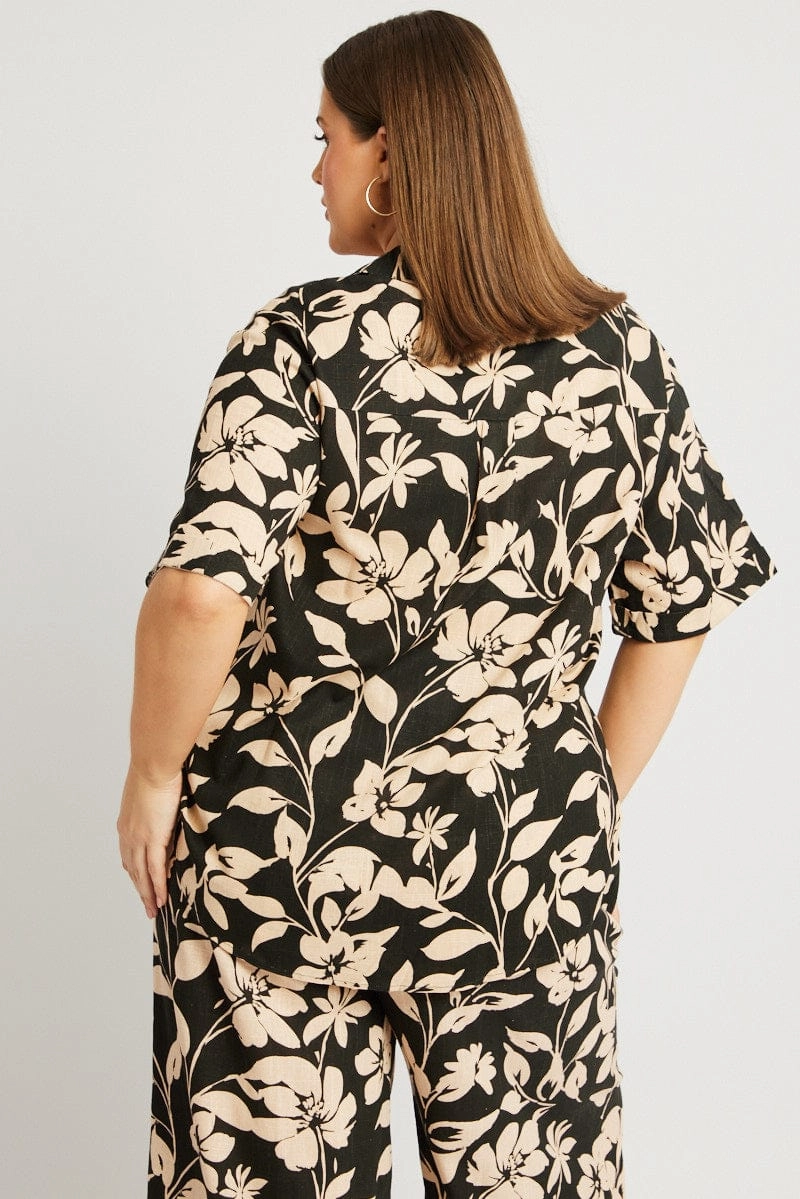 Black Floral Relaxed Shirt Short Sleeve Linen Blend Conference Appropriate