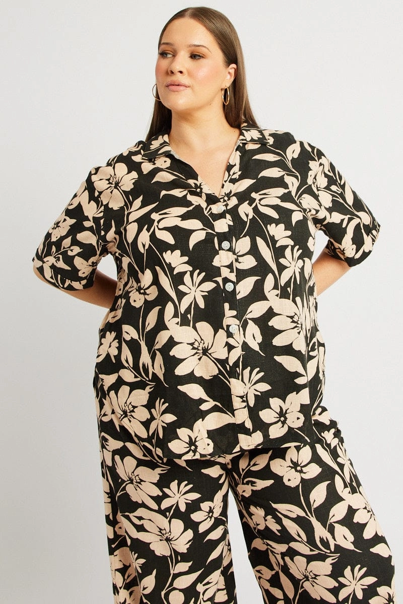 Edgy Design Black Floral Relaxed Shirt Short Sleeve Linen Blend