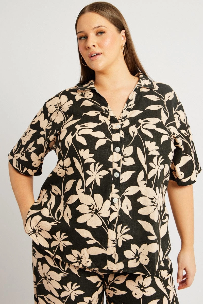 Urban Style Black Floral Relaxed Shirt Short Sleeve Linen Blend