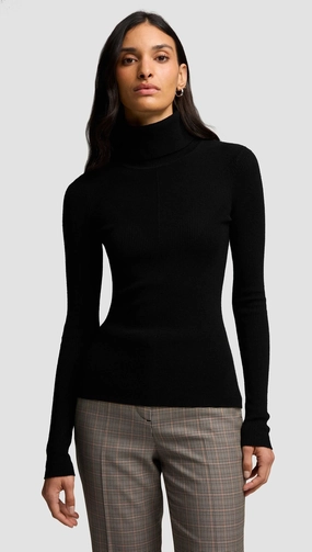 Lightweight Hoodie Knit Turtleneck in Stretch Wool | Black