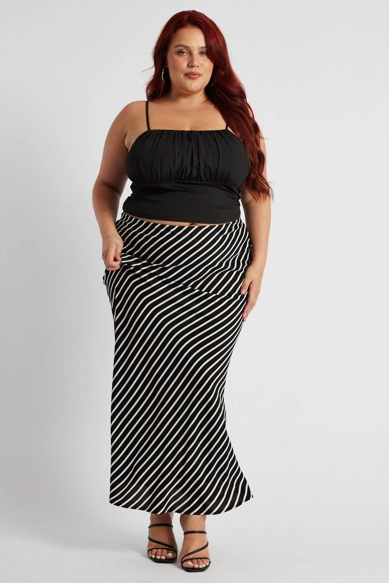 Black Stripe Bias Stripe Maxi Skirt Non see through