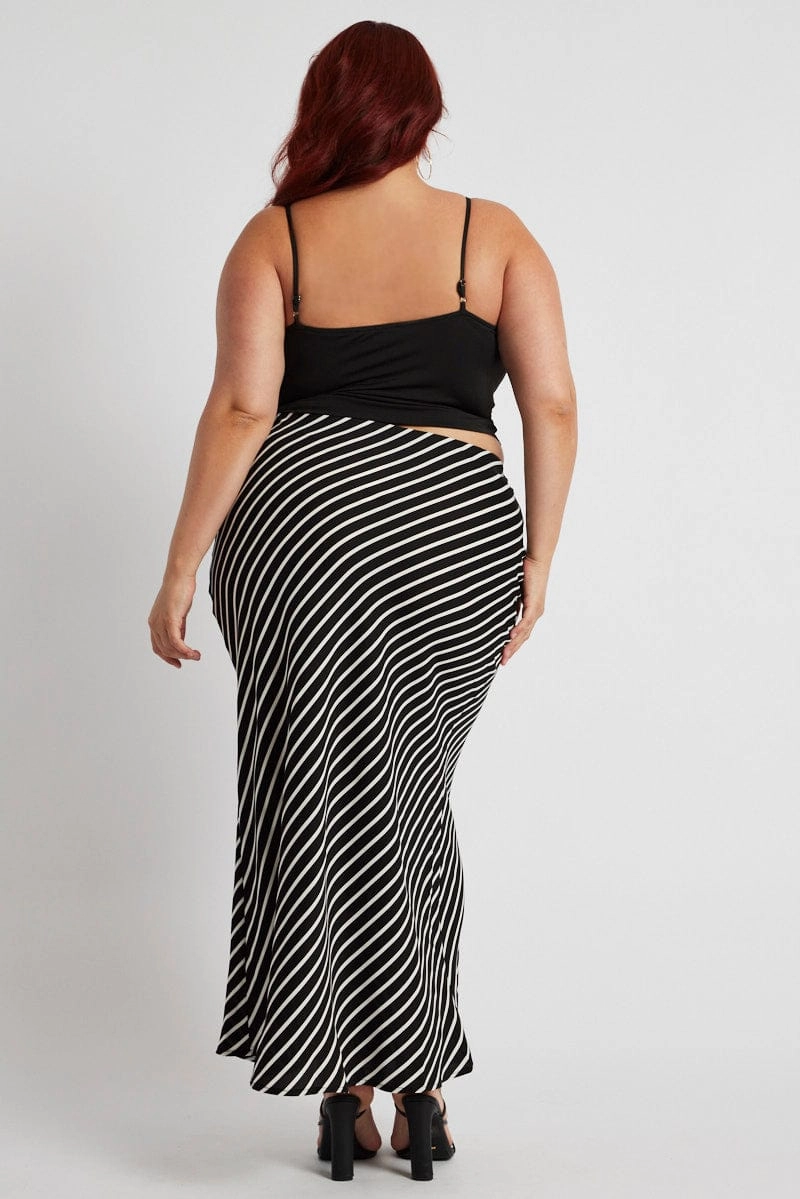 Patchwork Design Black Stripe Bias Stripe Maxi Skirt