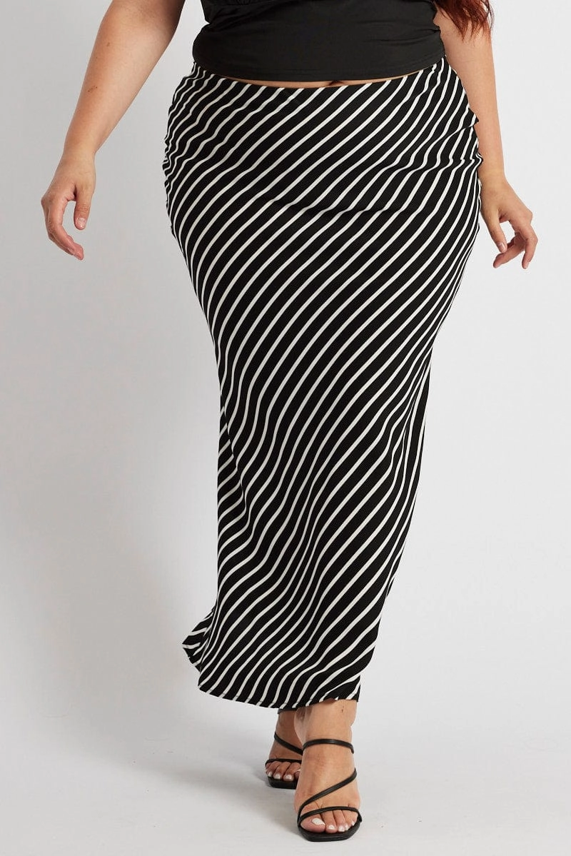 Black Stripe Bias Stripe Maxi Skirt Soft Motion Modest Wear