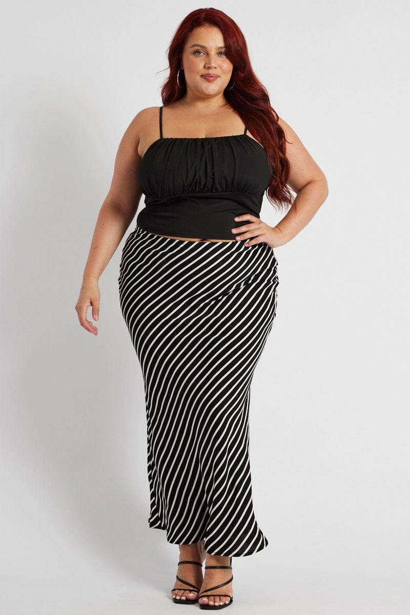 Double Layer Construction Neutrals Only Black Stripe Bias Stripe Maxi Skirt
