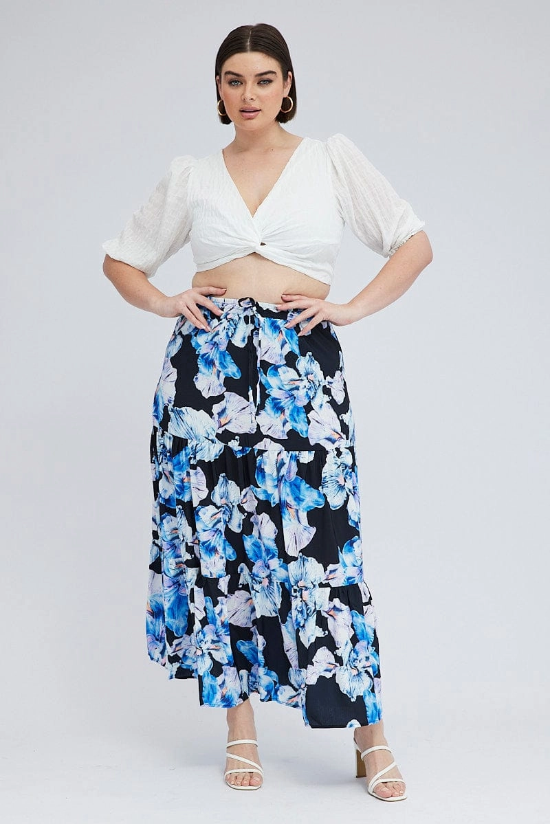Subtle Look Black Floral Elastic Waist Maxi Skirt