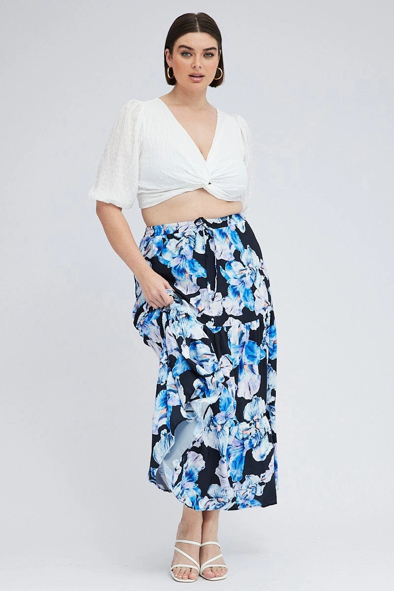 Black Floral Elastic Waist Maxi Skirt Shape Enhancing Handmade Item