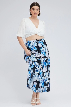 Black Floral Elastic Waist Maxi Skirt Shape Enhancing Handmade Item