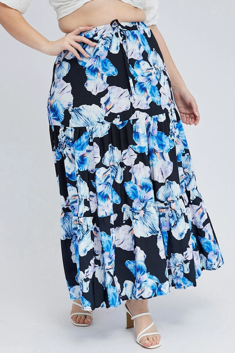 Black Floral Elastic Waist Maxi Skirt Tie Dye Style