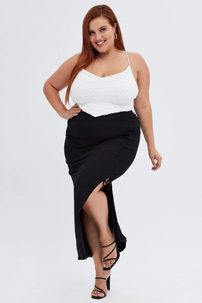 Black Midi Skirt High Waist Split Ribbed Jersey Photography Session