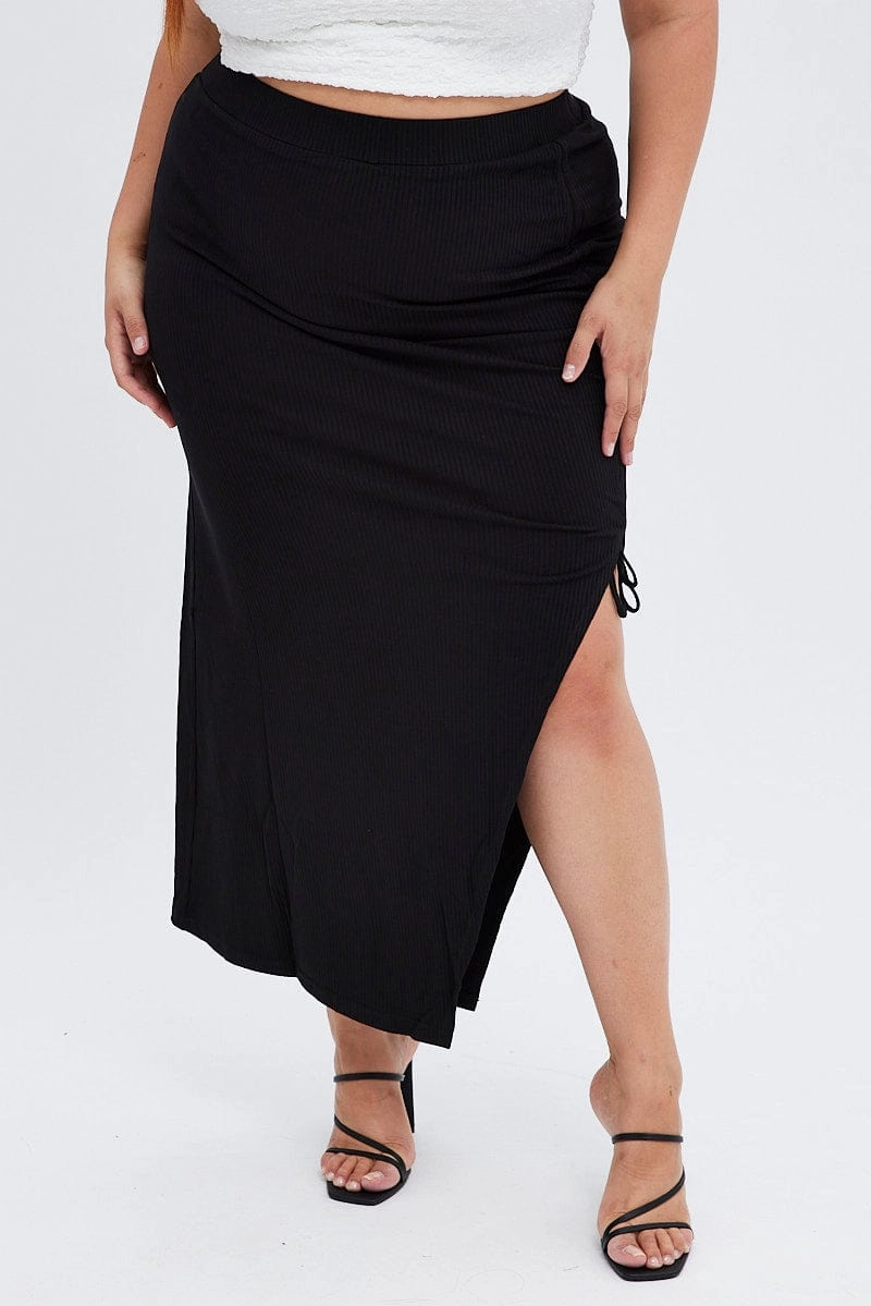 Clean Fit Style Layering Black Midi Skirt High Waist Split Ribbed Jersey