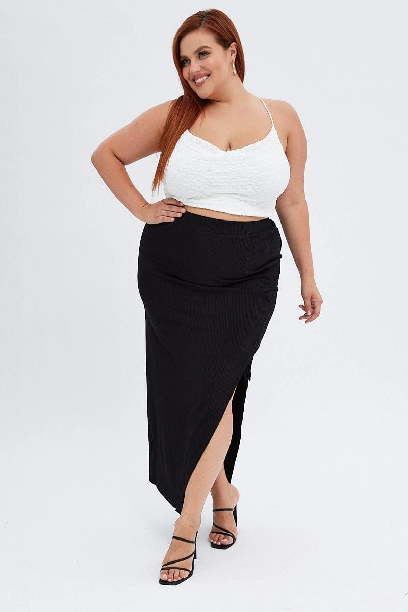 Heritage Inspired Influencer Style Black Midi Skirt High Waist Split Ribbed Jersey