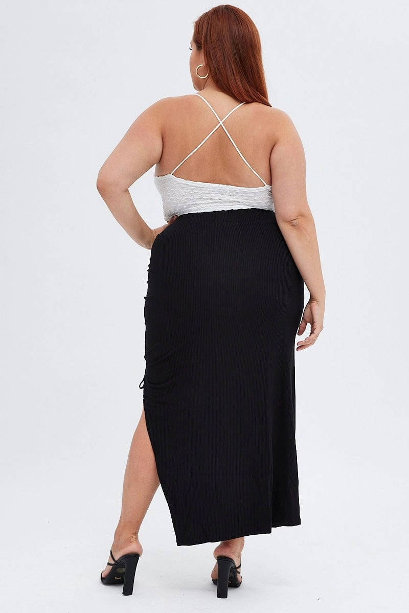 Drawstring closure Black Midi Skirt High Waist Split Ribbed Jersey