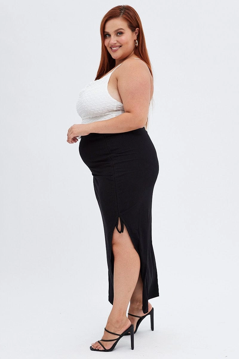 Black Midi Skirt High Waist Split Ribbed Jersey Soft Finish