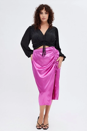Pink Midi Skirt Drawstring Satin Split Reinforced Hems