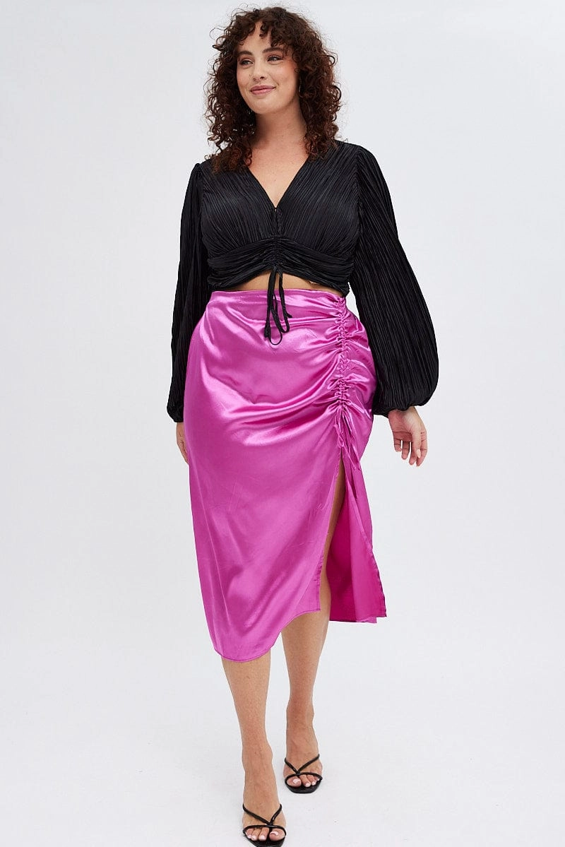 Pink Midi Skirt Drawstring Satin Split All Day Comfort