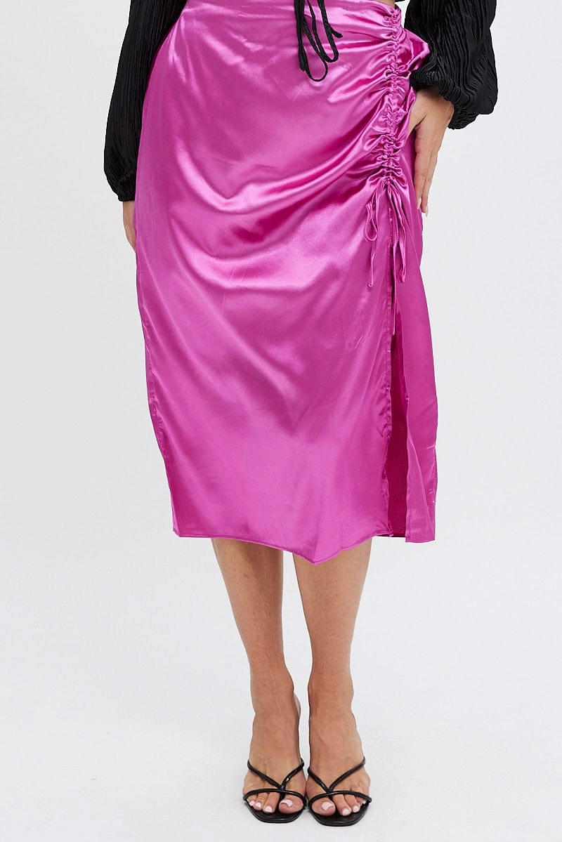 Pink Midi Skirt Drawstring Satin Split Core Collection