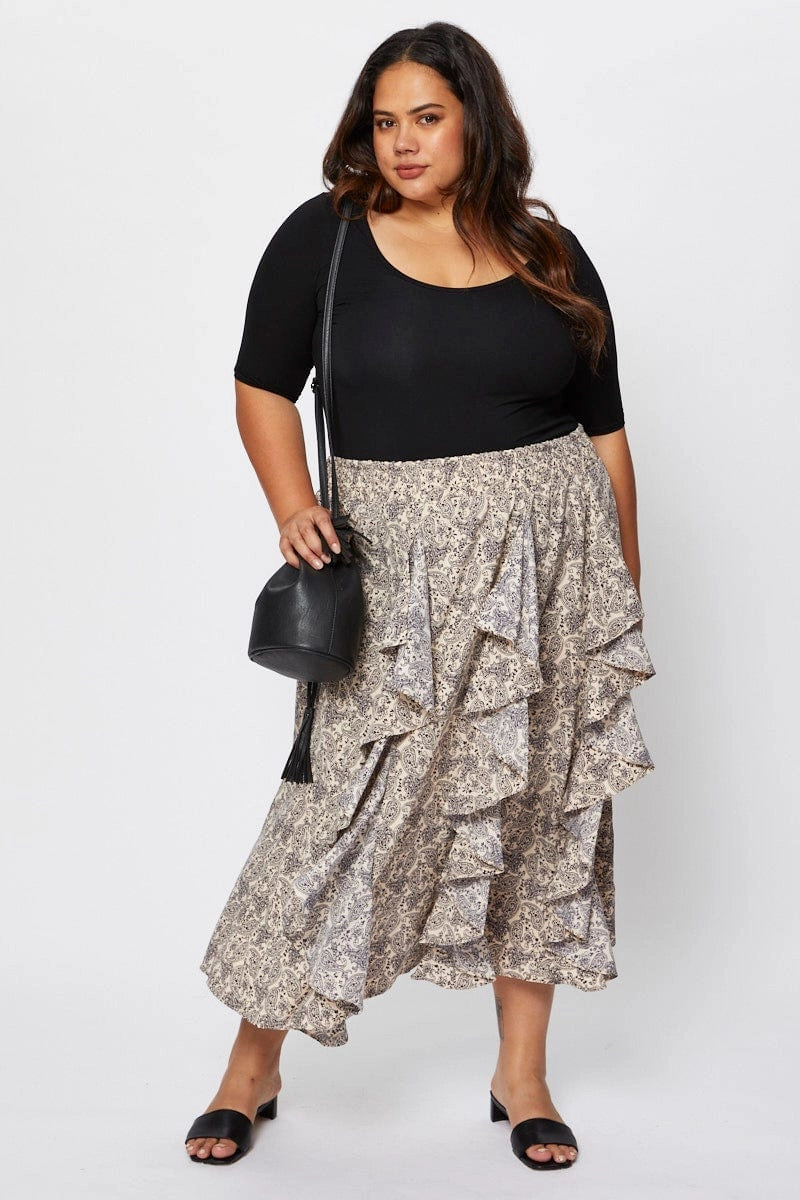 Smooth Feel Floral Print Midi Skirt Ruffle Hem