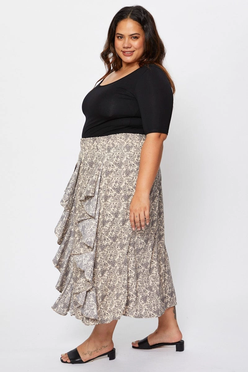 Wrinkle Resistant Finish Floral Print Midi Skirt Ruffle Hem