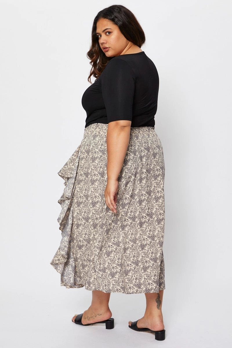Hidden Zipper Floral Print Midi Skirt Ruffle Hem