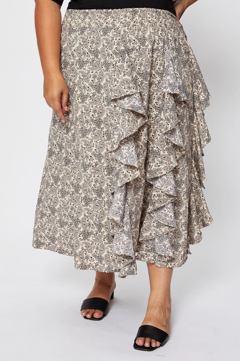 Influencer Style Floral Print Midi Skirt Ruffle Hem