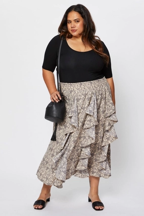 Smooth Feel Floral Print Midi Skirt Ruffle Hem