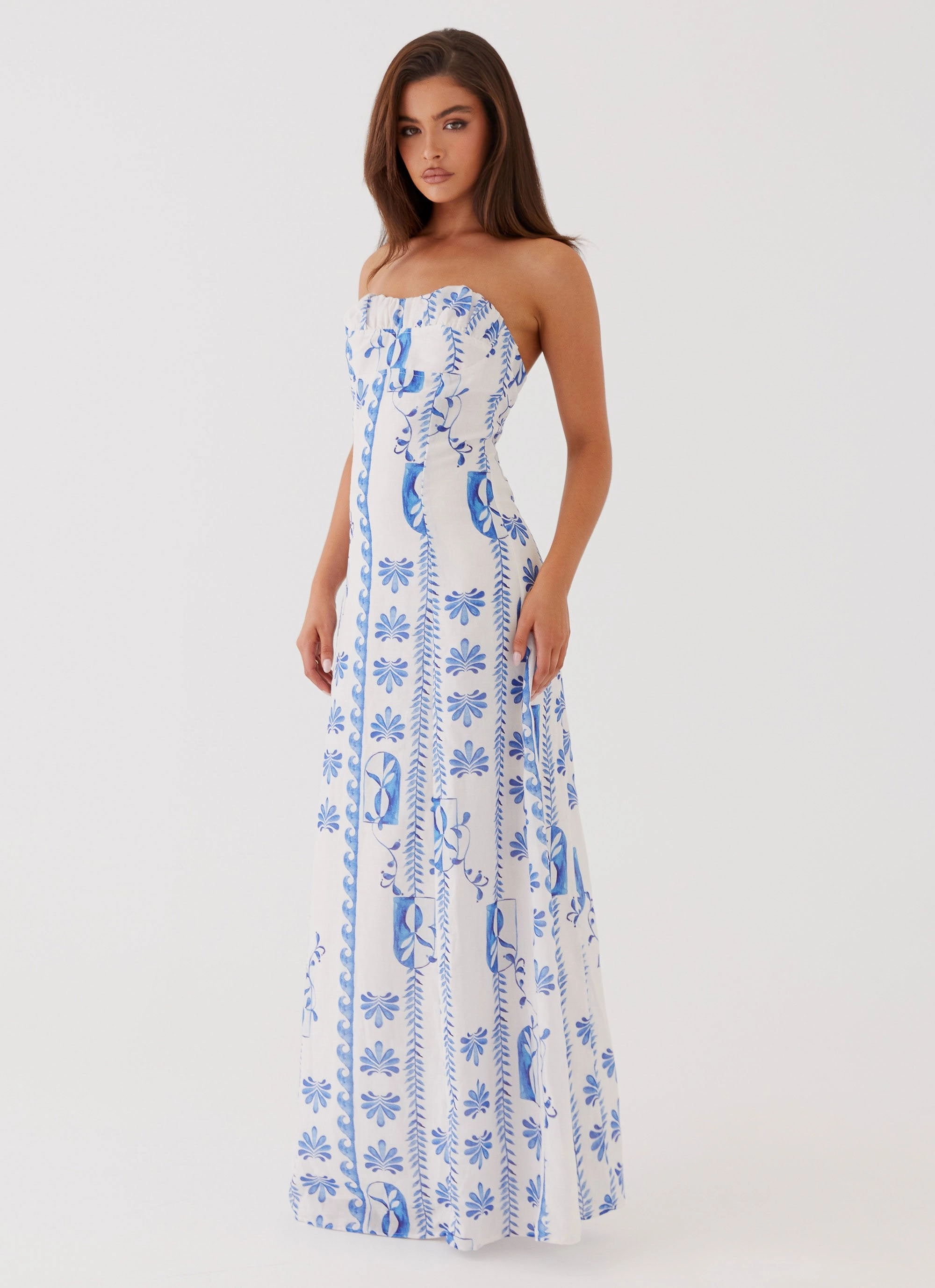 Tayla Linen Maxi Dress - Floral Wave Sleeveless Cut Photo Light
