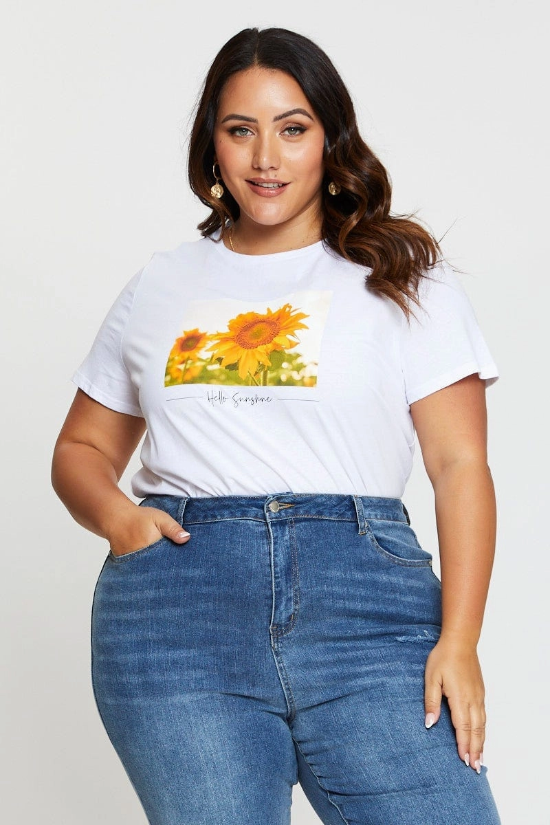 White T-shirt Sunflower Crew Neck Short Sleeve Cotton High Quality Printing Cool and Comfortable