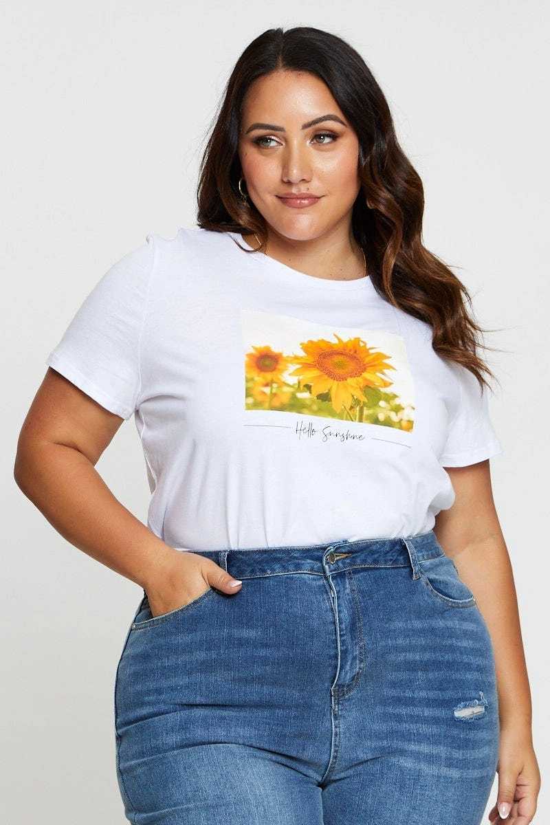 White T-shirt Sunflower Crew Neck Short Sleeve Cotton Breathable Comfort RelaxedFit