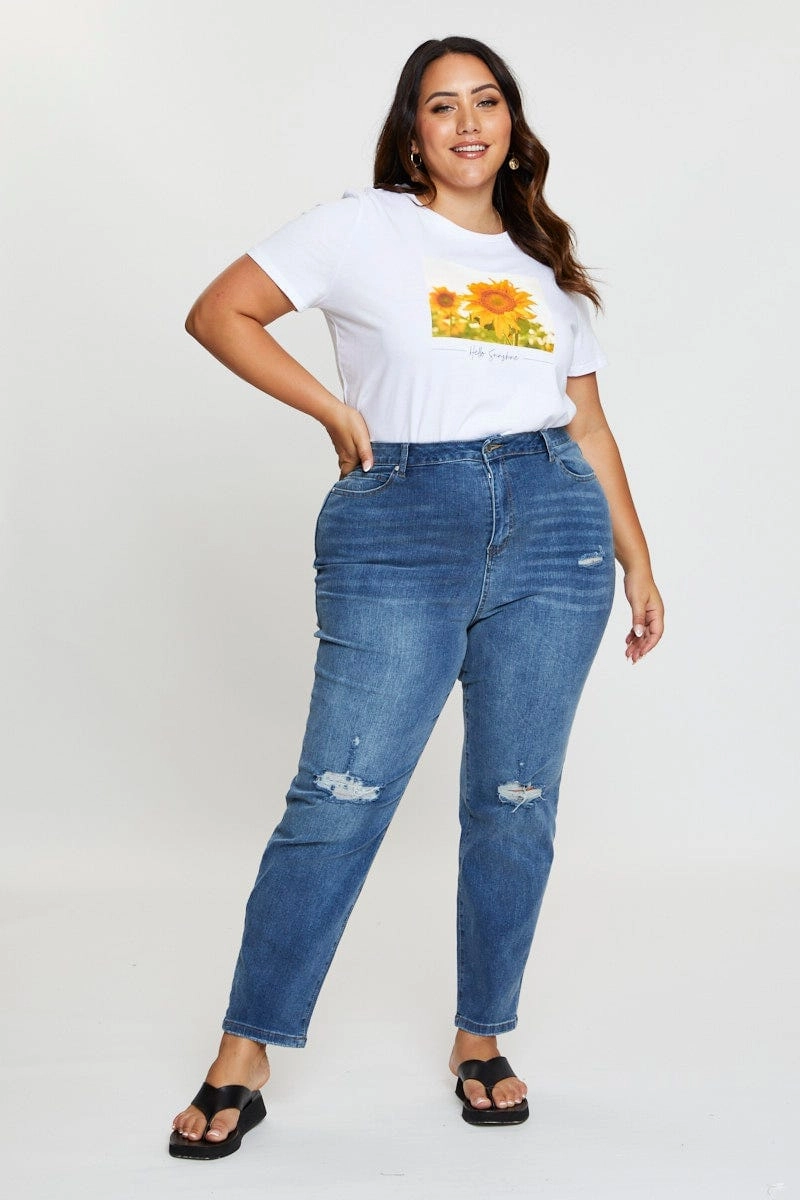 MultipurposeUse White T-shirt Sunflower Crew Neck Short Sleeve Cotton