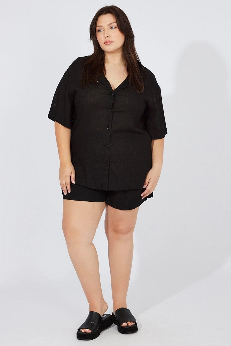 Black Relaxed Shirt Short Sleeve Viscose Linen Embellished Neckline