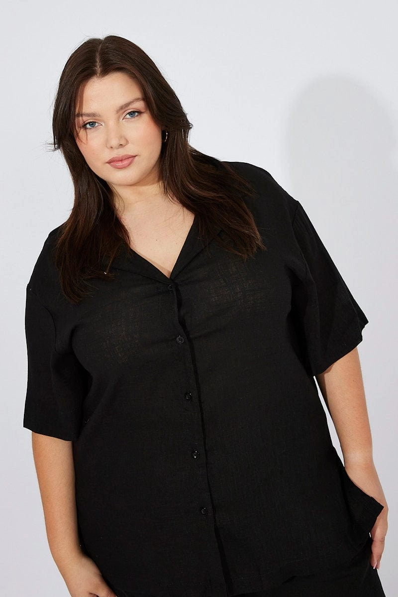 Black Relaxed Shirt Short Sleeve Viscose Linen Thermoregulating Layer Multipocket Style