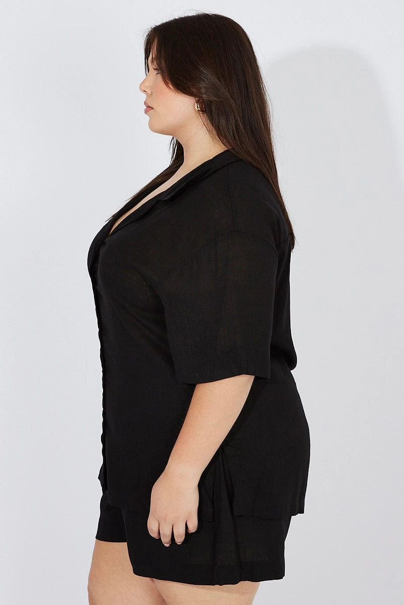 Comfy Fit Soft Feel Black Relaxed Shirt Short Sleeve Viscose Linen