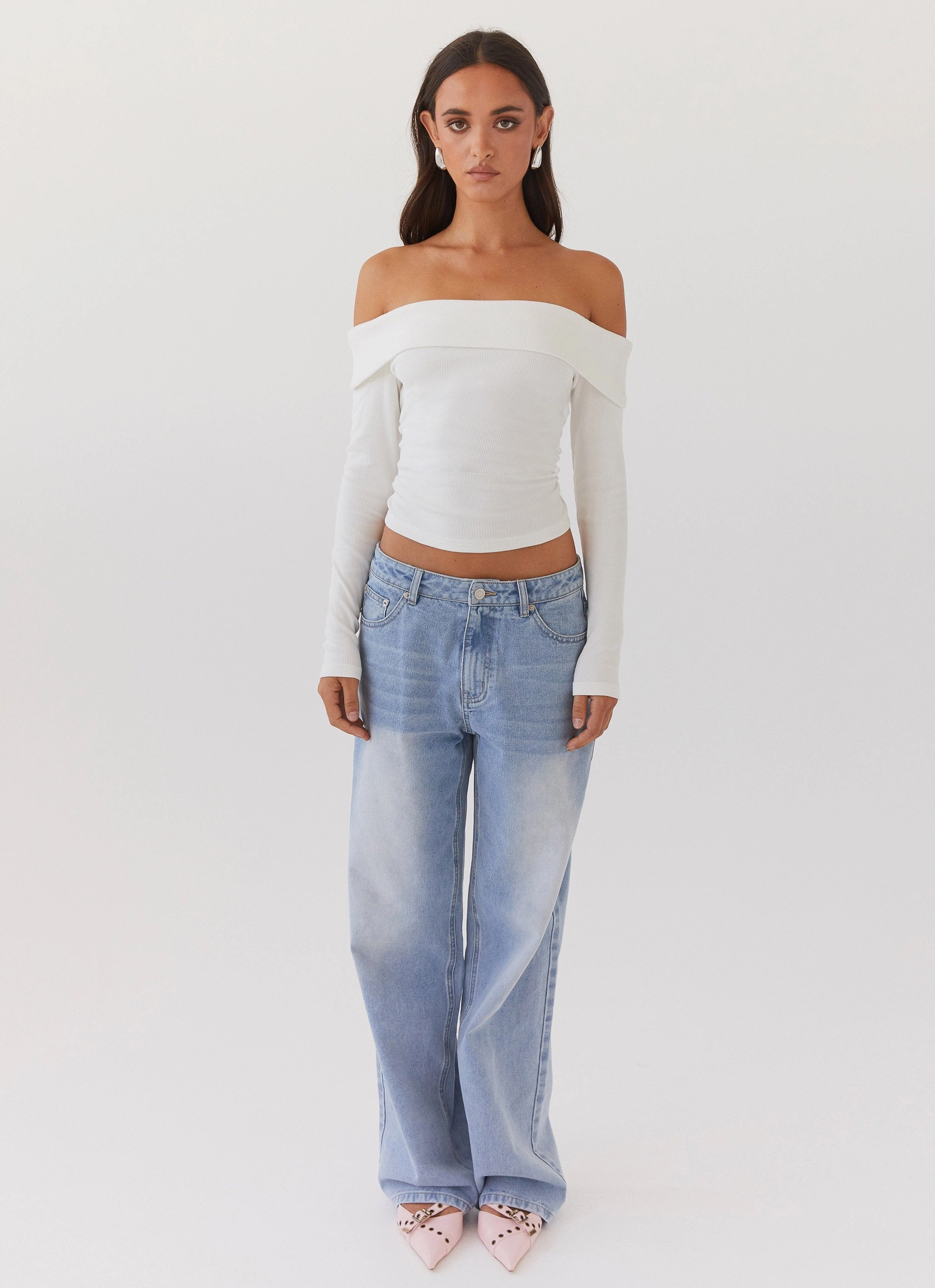 Hayley Long Sleeve Ribbed Top - White Nature related