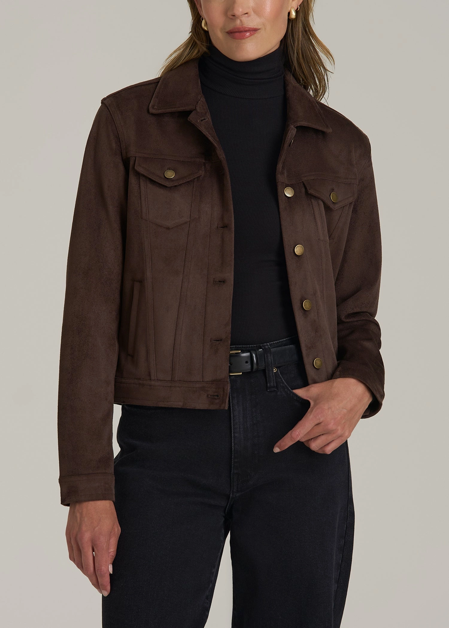 Ultra Light Packable True Touch Suede Trucker Jacket for Tall Women in Espresso