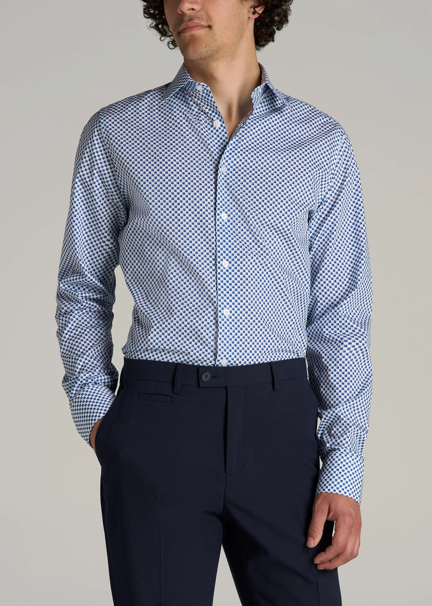 Premium Dress Shirt for Tall Men in Blues Check ContrastStitching