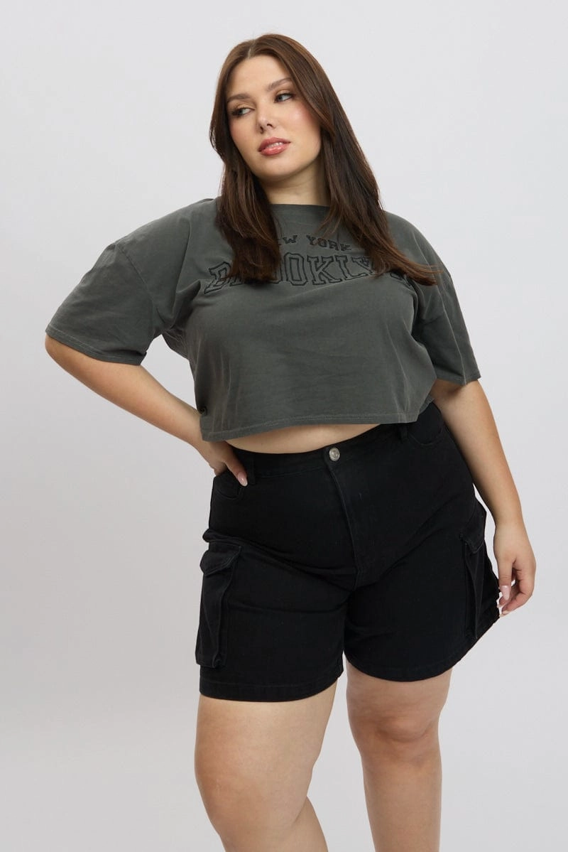 Stretch Waist Grey Graphic T Shirt Short Sleeve Crew Neck