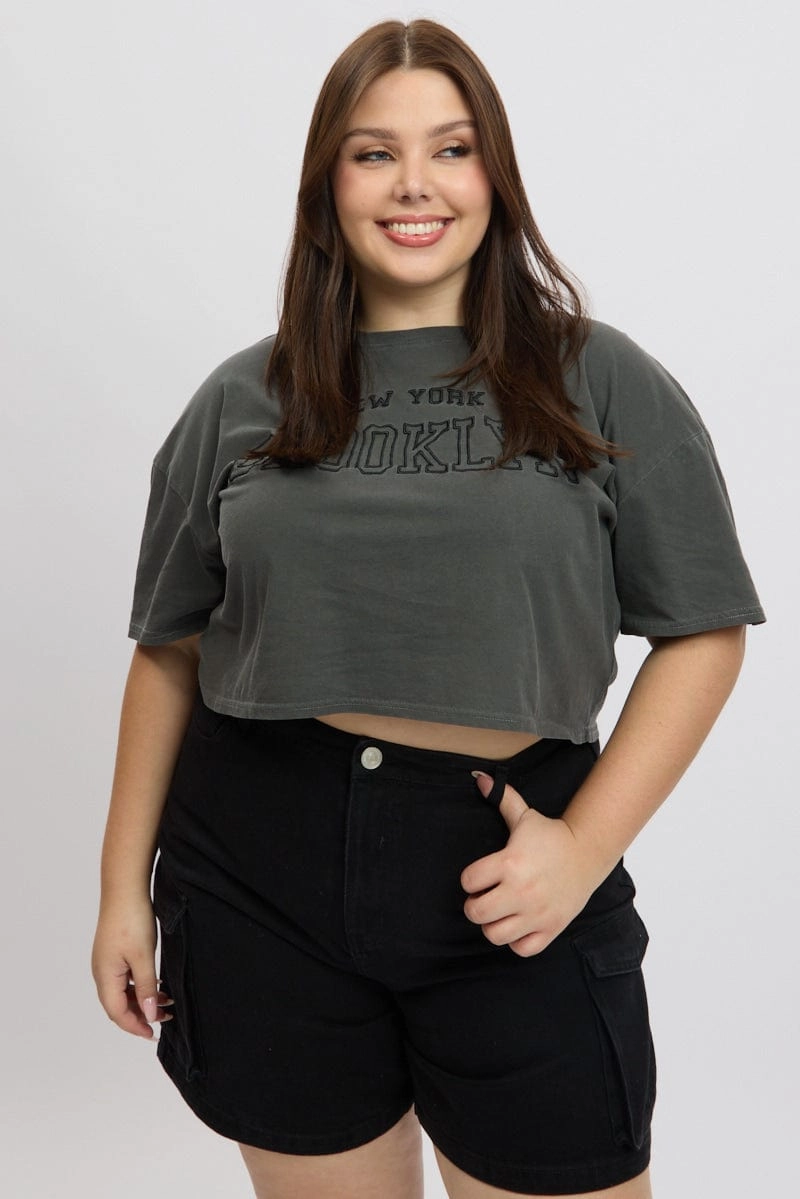 Grey Graphic T Shirt Short Sleeve Crew Neck Elastic Fit