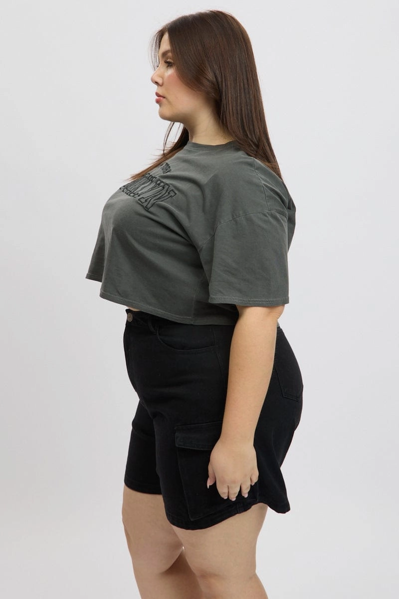 Grey Graphic T Shirt Short Sleeve Crew Neck Collared formality