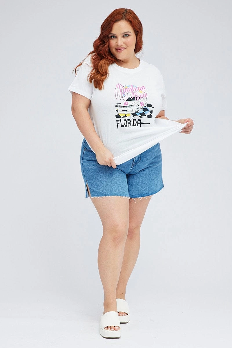 Eco Friendly Production White Graphic T-shirt Daytona Short Sleeve Cotton